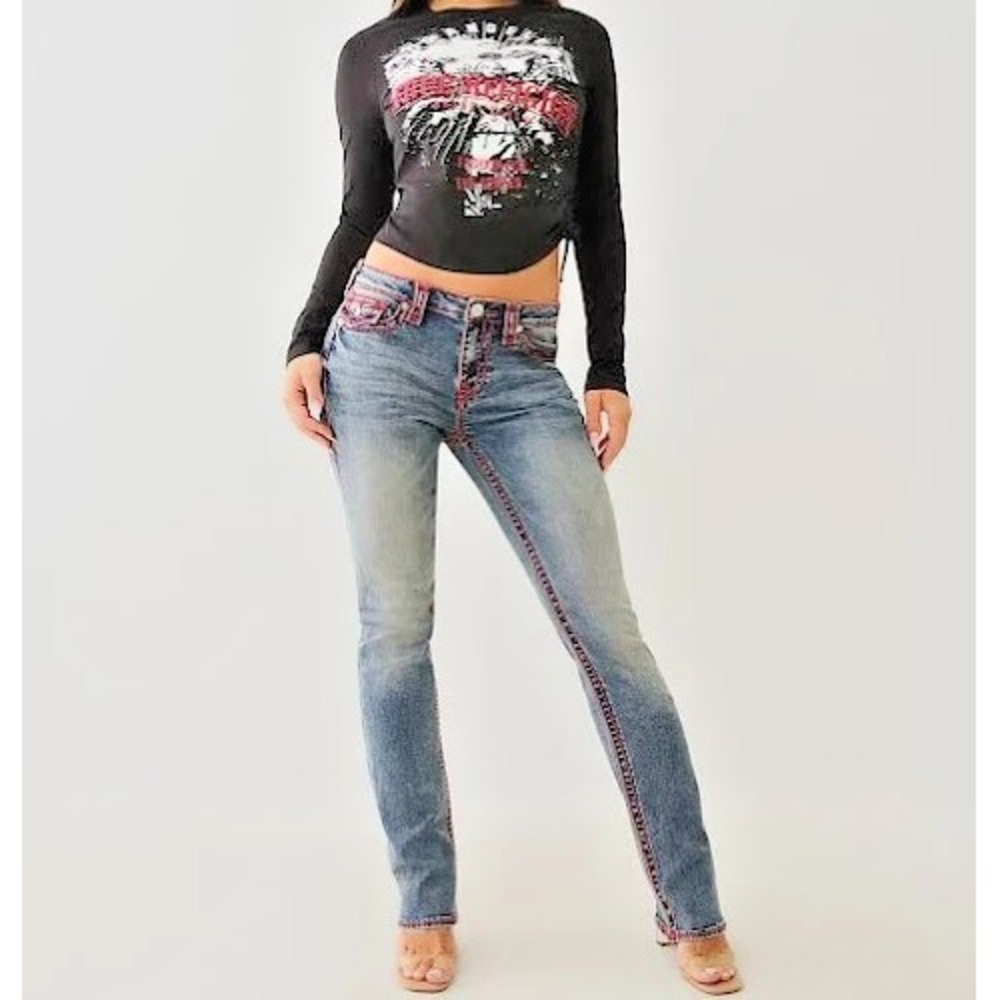 TRUE RELIGION Women's Billie Super T Mid Rise Straight Flap Denim Jeans Size 29 - Picture 3 of 8